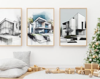 Láminas de arquitectura de villas modernas – Juego de 5 (Descarga digital)