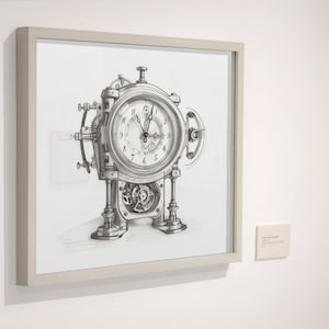 May include: A framed black and white drawing of a detailed clock mechanism with gears and a clock face. The clock face has Roman numerals and the hands are set to 12:00.