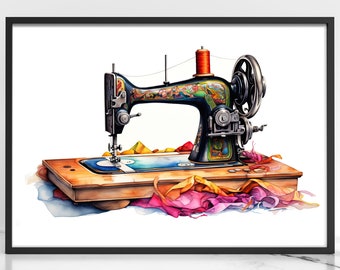 Antique Sewing Machine Watercolor PRINTABLE ART Vibrant Colors Sewing Download Vintage Decor Wall Decor Gift Tailor Illustration
