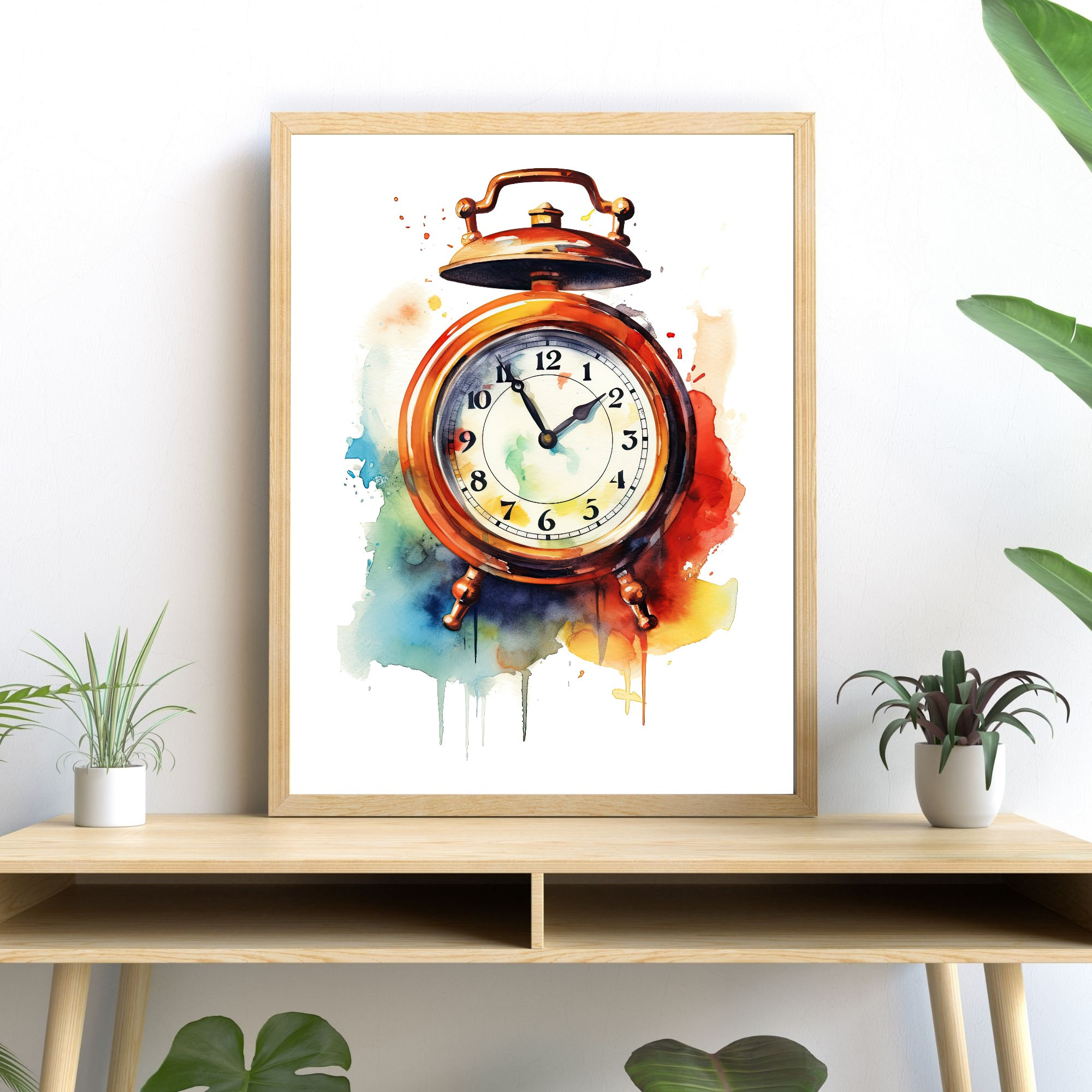 Alarm Clock Watercolor PRINTABLE ART Vibrant Colors Clock Download Clock Poster Vintage Decor Wall Decor Gift Time Illustration