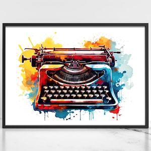 Vintage Typewriter Watercolor PRINTABLE ART Vibrant Colors Typewriter Download Retro Decor Wall Decor Gift Writer Illustration