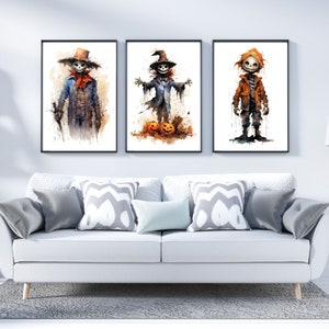 Impressões de arte em aquarela de espantalhos: decoração assustadora de Halloween (download digital)