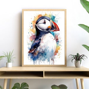 Puffin Watercolor Art, Vibrant Bird Print, Modern Wildlife Wall Decor