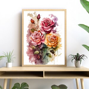 Roses Assortment Watercolor Art, Vibrant Floral Print, Romantic Printable Decor