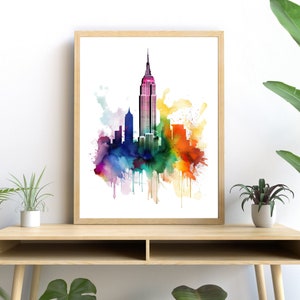 Empire State Building Art, Vibrant Watercolor Print, Modern Architecture Wall Decor