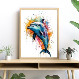 Dolphin Watercolor Art, Vibrant Marine Print, Modern Ocean Decor
