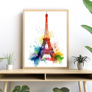 Eiffel Tower Watercolor Art, Vibrant Paris Print, Modern Architecture Wall Decor