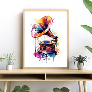Gramophone Watercolor PRINTABLE ART Vibrant Colors Gramophone Download Retro Decor Wall Decor Gift Music Lover Illustration