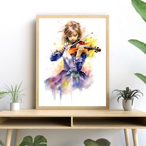 Passionate Violinist Girl WATERCOLOR ART, Musical Printable Decor