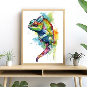 Chameleon Watercolor Art, Vibrant Wildlife Print, Modern Animal Decor