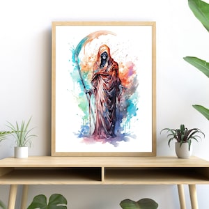 Eerie Grim Reaper in Watercolor, Haunting Halloween Home Art
