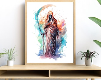 Eerie Grim Reaper in Watercolor, Haunting Halloween Home Art