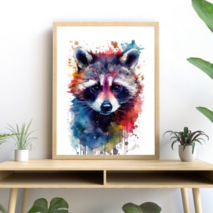 Wasbeer-aquarelkunst, levendige dierenprint, modern natuurliefhebber muurdecoratie