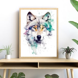 Wolf Watercolor Art, Vibrant Nature Print, Wildlife Lover&#39;s Printable Decor