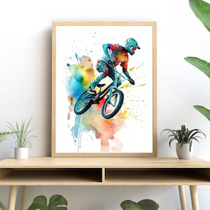 BMX Rider Watercolor Art, Vibrant Action Print, Modern Sports Decor