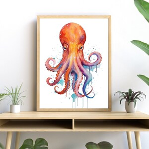 Octopus Watercolor Art, Vibrant Sea Creature Print, Modern Ocean Wall Decor