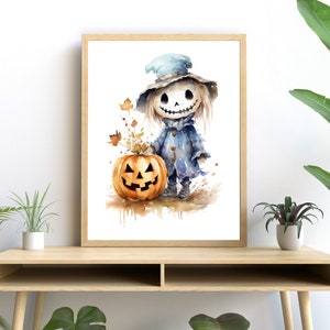 Cute Scarecrow Boy Watercolor PRINTABLE ART Vibrant Colors Halloween Download Autumn Pumpkin Decor Wall Decor Gift Whimsical Illustration
