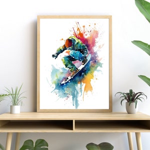 Art de l'aquarelle de snowboarder, impression de sports vibrants, décoration murale d'hiver moderne