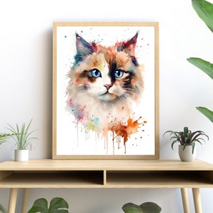 Ragdoll Cat Watercolor Art, Vibrant Cat Lover's Print, Modern Pet Wall Decor