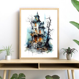 Gothic Mansion in Watercolor, Dark Themed Halloween Wall Art