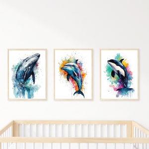 Watercolor Sea Animals Nursery Art: Whale, Orca, Dolphin (Printable Art)
