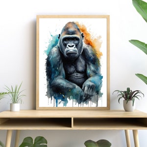 Gorilla Watercolor Art, Vibrant Wildlife Print, Modern Jungle Design Wall Decor