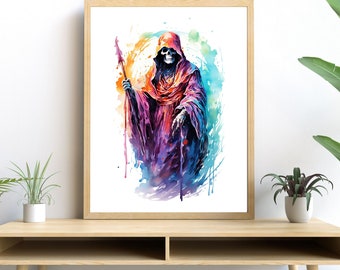 Watercolor Grim Reaper Artwork, Spooky Halloween Wall Decor