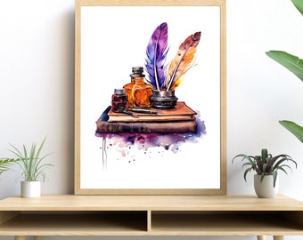 Inkwell and Quill Watercolor PRINTABLE ART Vibrant Colors Calligraphy Download Vintage Decor Wall Decor Gift Writer Illustration