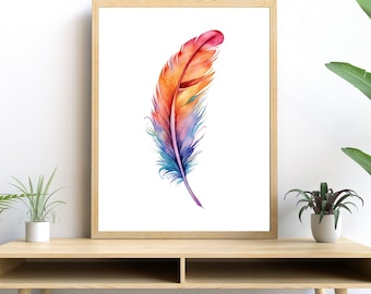 Feather Watercolor Art, Vibrant Nature Print, Modern Bird Decor