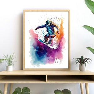 Arte de snowboarder acrobático, impresión de acción vibrante, decoración de pared de invierno moderna