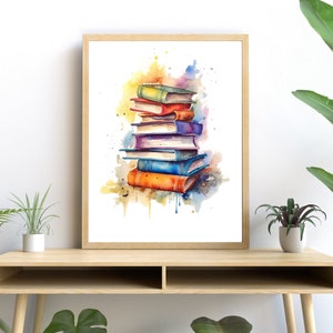 Vintage Books Watercolor PRINTABLE ART Vibrant Colors Book Download Book Poster Library Decor Art Wall Decor Gift Illustration