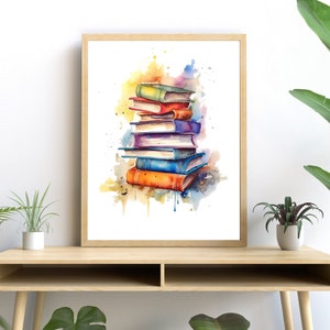Vintage Bücher Aquarell Kunstdruck: Bibliothek Wand Dekor (Digitaler Download)