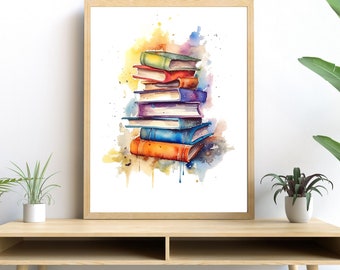 Vintage Books Watercolor PRINTABLE ART Vibrant Colors Book Download Book Poster Library Decor Art Wall Decor Gift Illustration