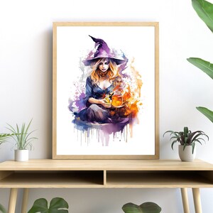 Witch Brewing Potions Watercolor Art, Halloween Witchcraft Wall Decor