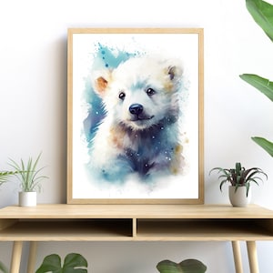 Polar Bear Cub Printable Art, Modern Wall Decor, Vibrant Watercolor Wildlife Illustration