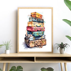 vintage Bagages Aquarelle PRINTABLE ART Couleurs vibrantes Valise Télécharger Décor de voyage Décor mural Cadeau Aventurier Illustration