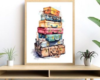 vintage Bagages Aquarelle PRINTABLE ART Couleurs vibrantes Valise Télécharger Décor de voyage Décor mural Cadeau Aventurier Illustration