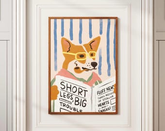 Corgi Art Printable - Funny Dog Wall Art - Quirky Pet Illustration - Digital Download - Cute Animal Decor for Dog Lover Poster