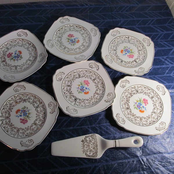 Set of 6 Vintage 22 KT Gold Dessert Plates by The Harker Pottery Co with Cake Server