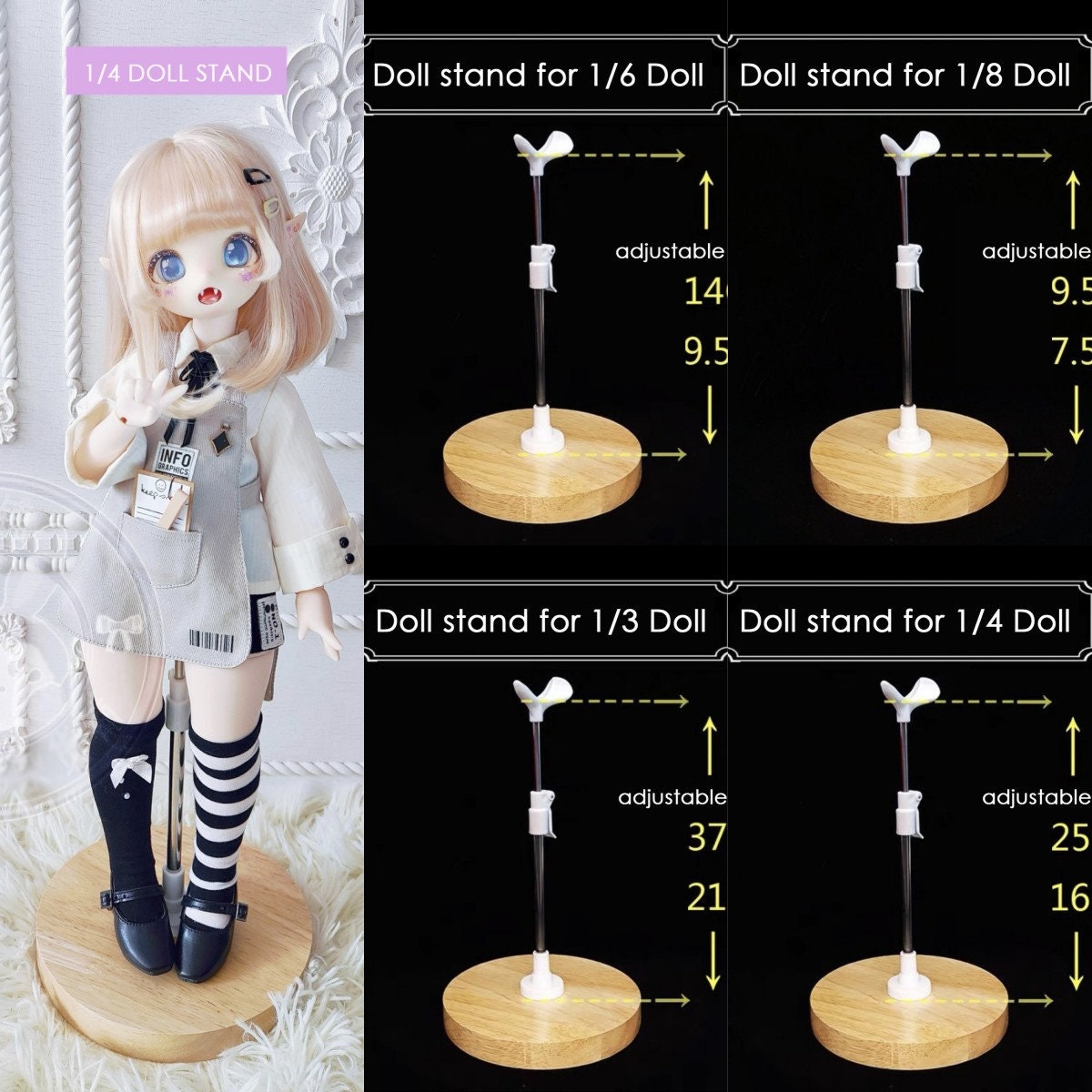 BJD Wig holder Stand Wooden Hair Display For 1/4 1/6 1/8 Doll