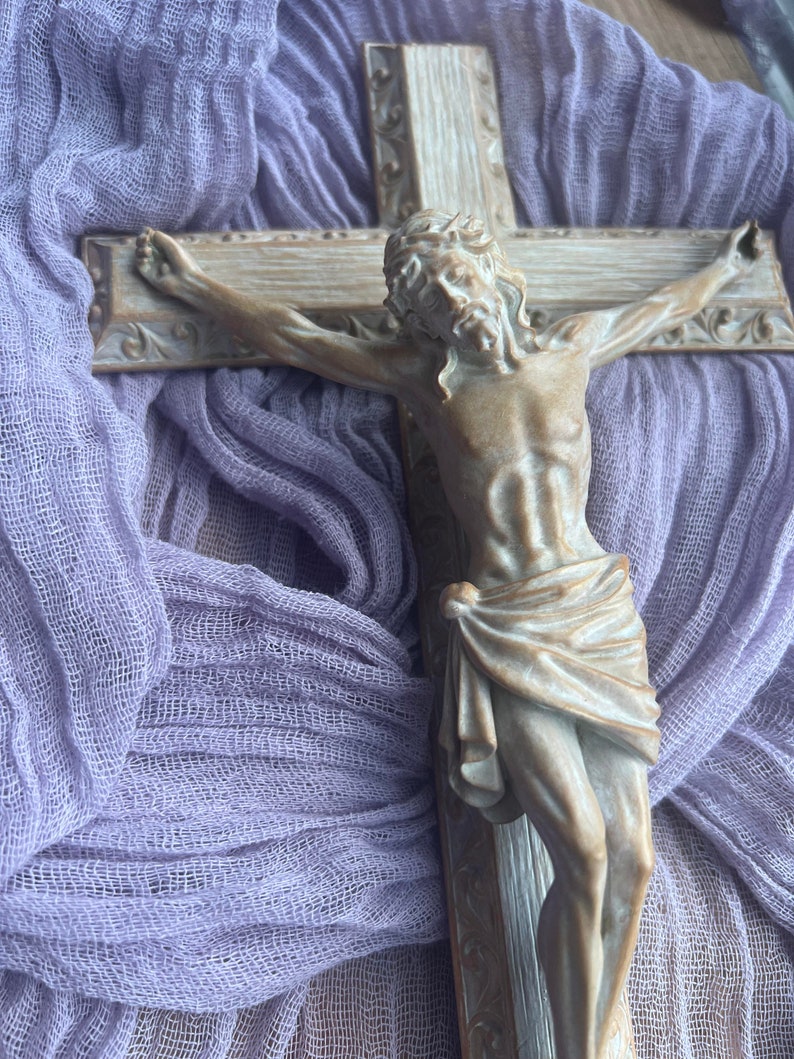 Hand-Painted Stone Resin Crucifix: Renaissance Style Abide Cross