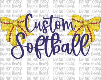 Pode incluir: Um design digital com uma bola de softball amarela com costuras vermelhas, amarrada com um laço amarelo. O texto "Custom Softball" está escrito em itálico roxo.