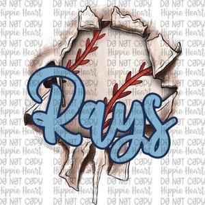 May include: A baseball with red stitching is torn open to reveal the word "Rays" in blue lettering. The background is a white pattern with the words "Do Not Copy" and "Hippie Heart" repeated.