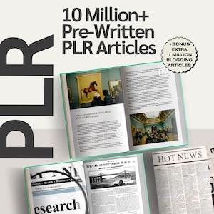 May include: An open book with a green cover displays a painting of a horse and people in a museum. The text reads "10 Million+ Pre-Written PLR Articles" and "+Bonus Extra 1 Million Blogging Articles."