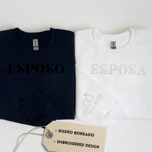 Spanish Bridal Embroidered Sweatshirt, Date On Sleeve, Latin Bride and Groom, Future Mrs. and Mr. Hoodie, Engagement Gift, Bride To Be