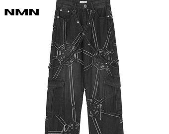 Jeans Cargo with strings with stud and spiderweb patch For/man's,woman's/Style/Y2k/Streetwear/Hip pop/Harajuku/Color/Washed Black/Fit/loose.