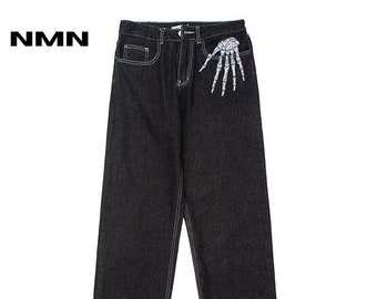 Jeans mit Skelett-Patch für/Herren und Damen/Style/Streetwear/Hip Pop/Y2k/Skateboard/Schwarz gewaschen/Fit Baggy