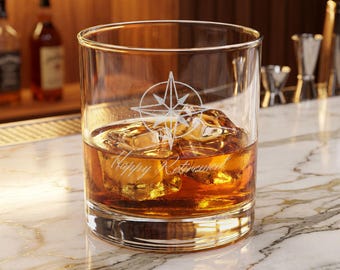 Happy Retirement Compass Rose Whiskey Glass | Retirement Gift | 10.5oz