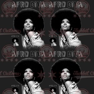 May include: A seamless pattern featuring a black and white photo of a woman with an afro hairstyle. The woman is wearing a patterned shirt and looking up. The pattern is repeated throughout the image and includes the text "AFRO DIVA" in a stylized font.
