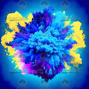 May include: Abstract digital art featuring a blue, purple, and yellow explosion of color on a blue background. The text "Techbot Customs" appears multiple times throughout the image.